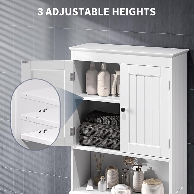 Bealife Over The Toilet Storage Cabinet with Open Shelf - White | Over Toilet Bathroom Organizer with Adjustable Shelf and Double Doors, Space Saver Free Standing Storage Shelf for Bathroom