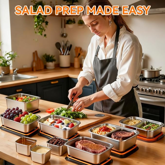 YUANYE 9 Pack 50/34/27/6oz Stainless Steel Salad Bowls with Lids & Dressing Cups, Leakproof Salad Containers Airtight Lunch Box, Small Snack Containers Oven/Dishwsher Safe for Meal Prep & Lunch To Go