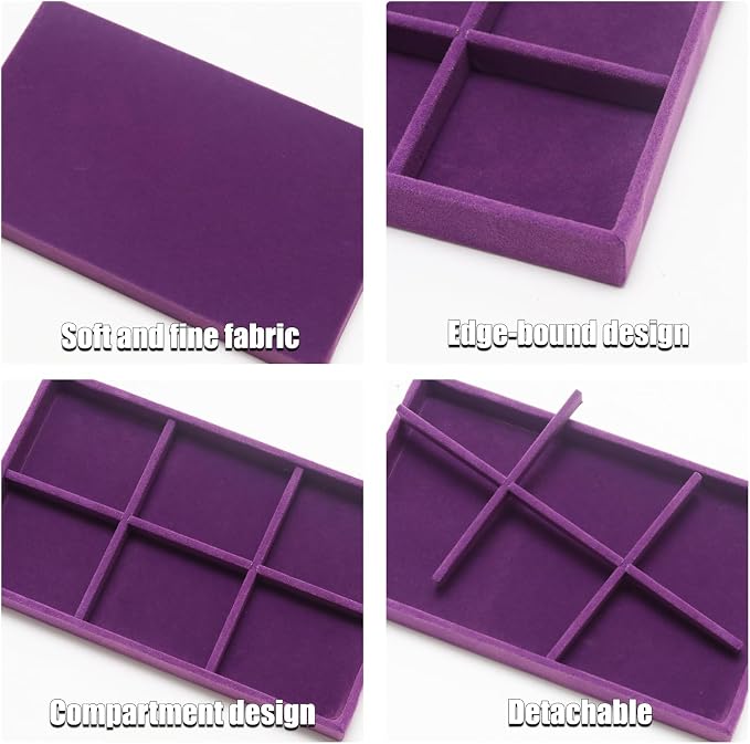 Velvet Jewelry Trays for Drawers, Purple Stackable Jewelry Drawer Organizer Inserts, Ring Earring Necklace Bracelet Holder Organizer Storage Display Tray with Removable Dividers, 6 Grids