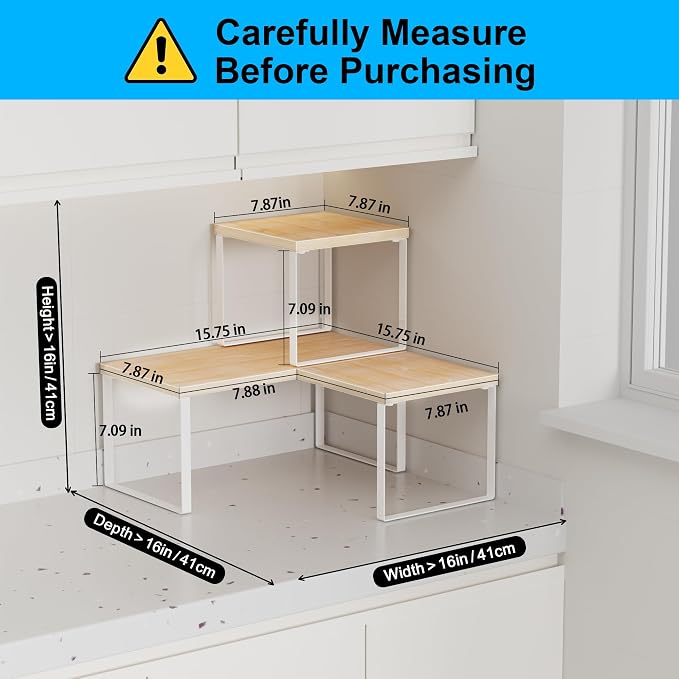 Golener Countertop Organizer Corner Shelf, 2 Tier Adjustable Stackable Corner Shelves for Kitchen, Bathroom, Spice Rack, Coffee Bar, Cabinet, Dresser Table, Corner Counter Shelf Stand, Natural Beige