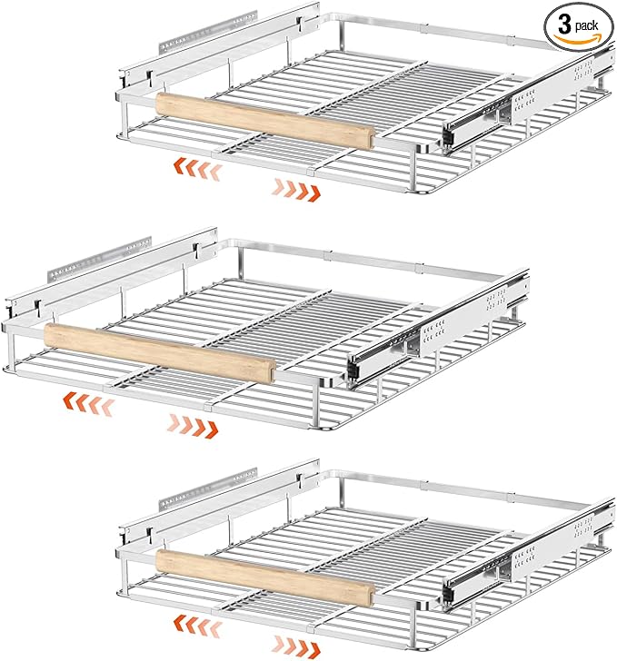 SANNO Pull Out Cabinet Organizer, Cabinet Shelf Kitchen Under Sink Shelf, Expandable Drawer Shelves with Sliding, Steel Metal Cabinet Drawers Slide Out, Chrome Finish