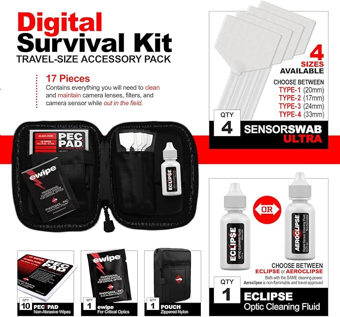 Photographic Solutions Digital Survival Kit - Type-2 (17mm) Sensor Swabs, PEC-PAD Photo Wipes, E-Wipe Packet, Eclipse Optic Cleaning Fluid - Camera Cleaning Kit with Travel Bag