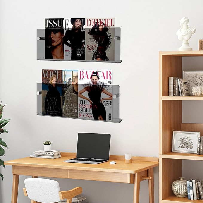 2-Pack Black Acrylic Magazine Holder Brochure Holder, 24 Inch Hanging Magazine Rack with Hardware, Floating Bookshelf Brochure Display Organizer for Home, Office, Reception Area
