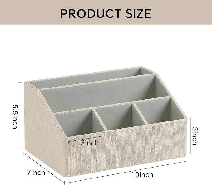 Desk Organizer Caddy with 5 Compartments for Office Art Supplies, PU Leather Nightstand Organizer Pencil Pen Desk Caddy for Home, Desktop TV Remote Control Holder Storage (Linen)
