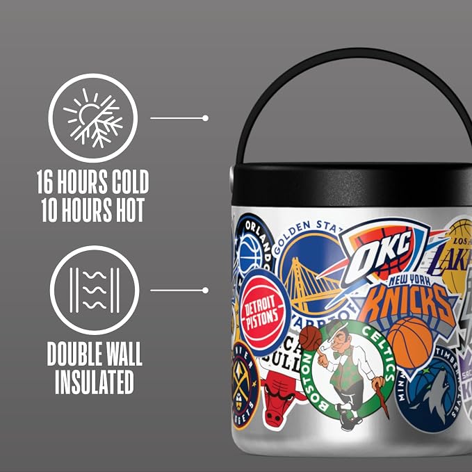 Hydrapeak NBA Officially Licensed All-Team Logo Sticker Print 25oz Stainless Steel Vacuum Insulated Food Jar with Handle, Wide Mouth Leak-Proof Soup Container for Adults, 10 Hours Hot & 16 Hours Cold