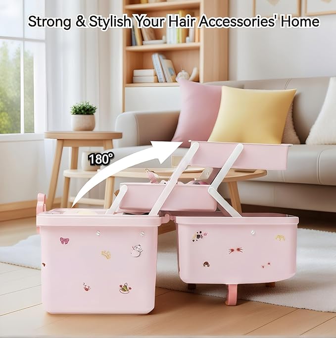 Pulseplay Hair Accessories Organizer for Girls Portable 3-Layer Plastic Storage Box with Handle Perfect for Hair Clips Bows Headbands (Pink)