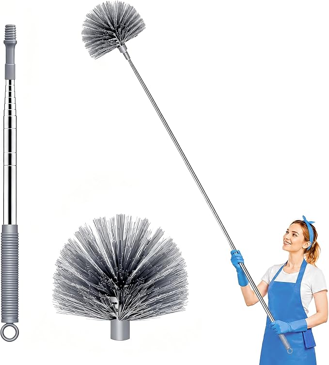Cobweb Duster with Extension Pole, Upgraded Heavy Duty Thickened Stainless Steel Telescopic Handle for High Ceilings & Ceiling Fans, 90" Total Reach (15.7" Compact), Medium Stiff Bristles (Grey)