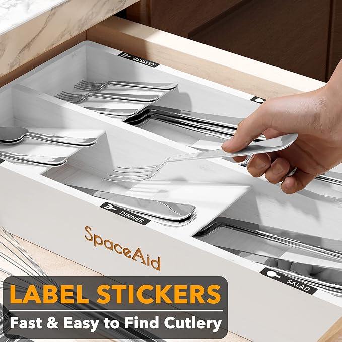 SpaceAid Bamboo Silverware Drawer Organizer with Labels, Kitchen Utensil Tray Holder Organizer for Flatware, Cutlery, Spoon and Knives Drawer Storage Organization (White, 6 Slots)