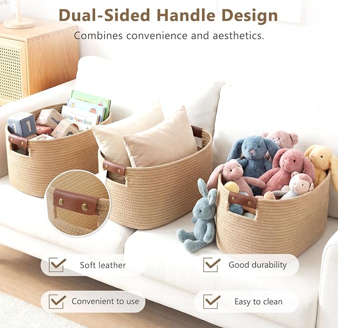 ECDYQXVU 15x10x9 Woven Cotton Rope Storage Basket, Leather Handles 3 Pack | Foldable Design, Sturdy PU Handles, Easy to Clean Organizer for Living Room, Closet, Shelves, Bedroom, Laundry, Clothes