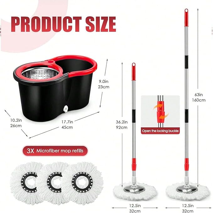 360° Spin Mop & Bucket System – 20QT Floor Cleaning Set with 3 Microfiber Mop Heads & 61" Adjustable Stainless Steel Handle for Effortless, Streak-Free Cleaning