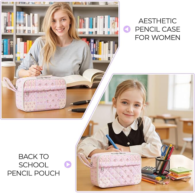 WOBAGMEN Quilted Pencil Pouch for Girls Women, Large Pencil Case Pouch with Compartments Cute Aesthetic Pencil Case Organizer, Floral Pencil Bag for School Supplies (pink pin)