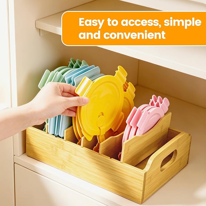 Artcochan Bamboo Lid Organizer, 13.2" x 10"Food Storage Container Lid Holder with 5 Adjustable Dividers, Kitchen Storge and Organization Rack for Cabinet Drawer and Countertop
