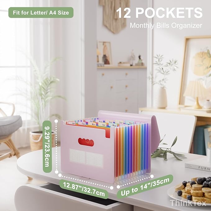 ThinkTex Accordion File Organizer, 12 - Pocket Expanding File Folders for Paper Receipts, Bills & Taxes Organizer, Letter/A4 Size Document Holder for School, Office, Home with tabs-Pinkish Purple