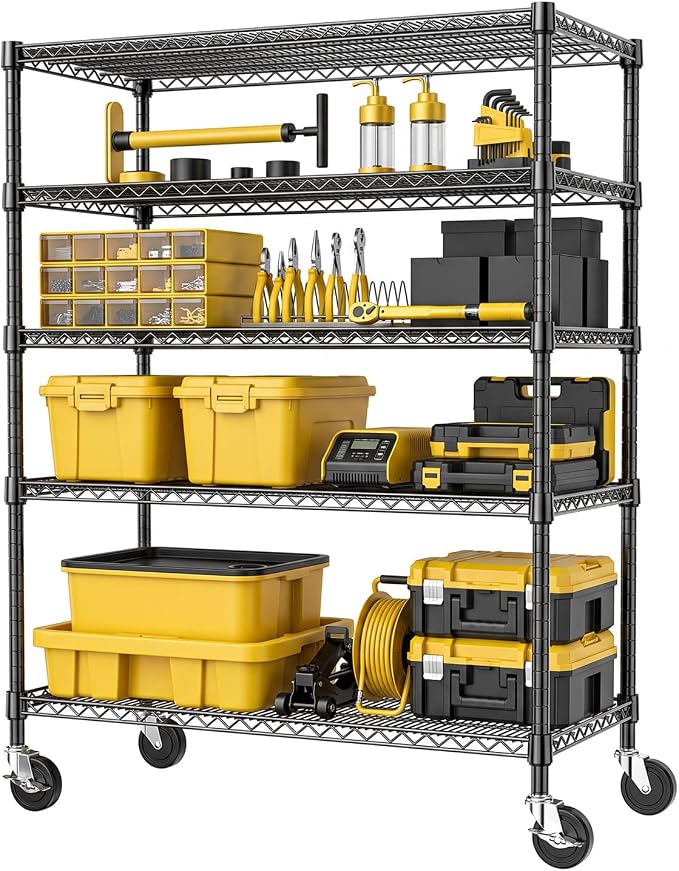Black Storage Wire Rack Shelf, 24 inch Metal Shelving for Garage Pantry | 5 Tier Steel Adjustable 1500LBS Pantry Shelving Utility Wire Shelving Unit with Wheels, 23.6" D X 53.1" W X 73.6" H