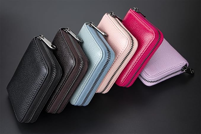 Suweibuke Genuine Leather Credit Card Holder Zipper Wallet RFID Blocking Secure Card Case ID Case Organizer (Black Green)