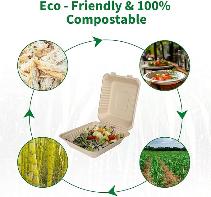Aricsen Compostable 1 Compartment 50 Pack 8×9 Inch Takeout Lunch Box Containers with Lid To Go Take Out Clamshell for Food, Disposable Eco-Friendly Biodegradable Bagasse, PFAS-Free, Brown