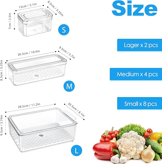 14 Pack Fridge Organizer Storage Bins Set, Clear Stackable Food Storage Containers with Lids BPA-Free for Refrigerator, Freezer, Kitchen Countertop, Organizers for Fruits, Vegetables, Drinks, Cereals