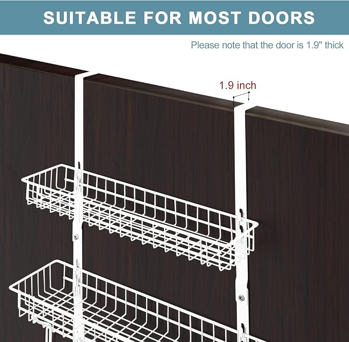 Over The Door Hanger Organizer with 2 Mesh Baskets & 5 Towel Hooks, Detachable Behind The Door Storage Towel Rack for Coats, Hats, Handbags, Easy Install Metal Hanging Hook Coat Rack Shelf, White
