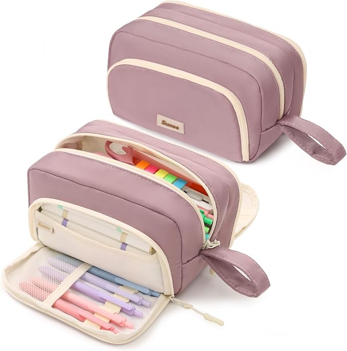 SUNEE Cute Pencil Case, Aesthetic Pen Pouch with 3 Compartments, Kawaii Colored Large Pencil Bag with Zipper, Stationery Storage and Organizer, Purple School Supplies for Teen and Adult Girls