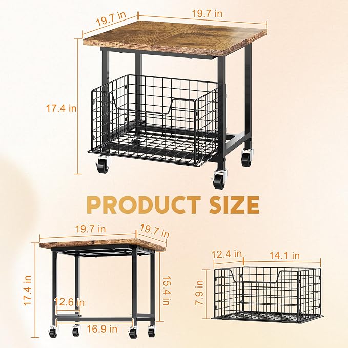 Mini Fridge Stand with Storage, Small Refrigerator Stand with Wheels, Rolling Mini Fridge Cart-Max Load 300 LBS Heavy Microwave Printer Stand Utility Cart for Dorm, Apartment, Kitchen, Office (Brown)