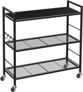 3-Tier Metal Storage Rack with Industrial Wheels,Mesh Shelving Unit with Wooden Table top,Adjustable Shelf,31.5-Inch Width, for Kitchen, Laundry,Pantry,Plant,Black panel and black frame