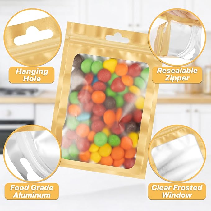 ANZNKU 100 PCS Resealable Mylar Bags with Frosted Clear Window Packaging Bags Foil Pouch Zipper Bag for Food Self Sealing Storage Supplies (4.72x7.87, Light Gold)