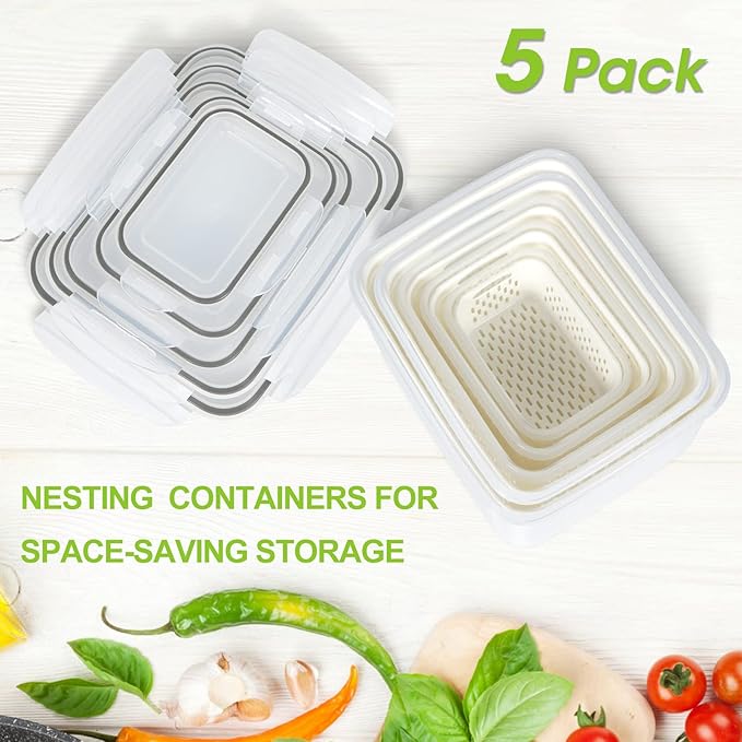 TBMAXS Fruit Storage Containers for Fridge, 10 Pieces Produce Vegetable Saver with Drain Colanders - Refrigerator Organizer for Lettuce Keepers Berry Container