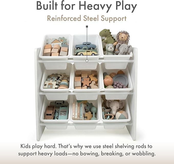 Humble Crew Toy Storage Organizer with 9 Removable Storage Bins for Kids Playroom, 3-Tier Toddler Toy Organization and Storage, White/White