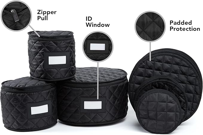 Covermates Keepsakes Dish Storage Set – Padded China & Dinnerware Storage Cases with Dividers, Cup & Stemware Storage, Quilted Polyester Protection, ID Window, Black