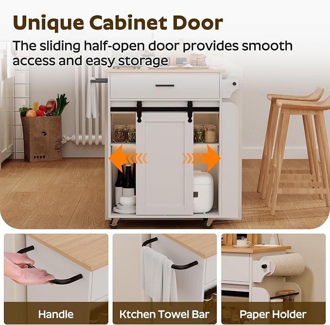 YATINEY Kitchen Island with Storage, Mobile Kitchen Cart with Charging Station, Kitchen Island on Wheels, Rolling Island Table with Sliding Cabinet Door, White and Natural ZD01UWN