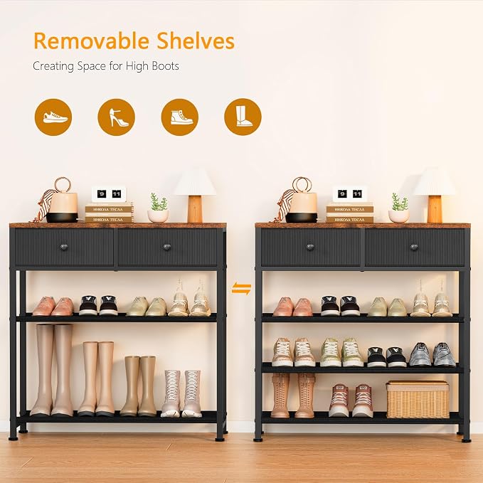 usikey Shoe Rack, 4 Tier Shoe Storage Organizer with 2 Drawers, Metal Shoe Shelf for 9-12 Pairs of Shoes, with 3 Oxford Fabric Shelves and Wooden Top, Shoe Stand for Closet Entryway, Black
