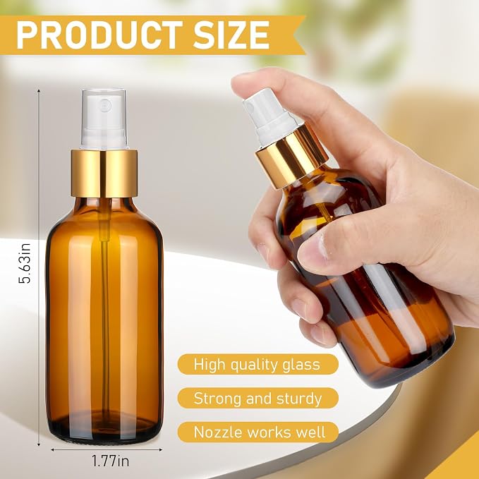 Maxcheck 50 Pieces 4oz Glass Spray Bottles for Essential Oil Small Empty Spray Mist Bottle Empty Fine Mist and Refillable Mister Refillable Liquid Containers for Perfumes, Cleaning(Amber, Gold)
