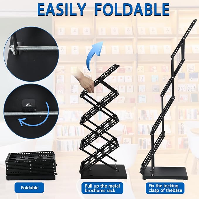 Foldable Brochure Display Stand with Carrying Bag, Literature Stand 4 Tier | Literature Rack for Trade Shows, Exhibitions, Office, and Retail Stores. Metal, Portable, and Easy to Assemble, Black Finish