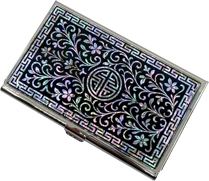 Mother of Pearl Business Card Case Credit Id Name Holder Travel Wallet Art Painting Design Metal Stainless Steel Engraved Slim Purse Pocket Cash Money Wallet (N_Arabesque)