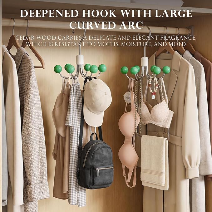 2-Pack 360° Swivel Hoodie Hangers with 6 Cedar Balls, Closet Organizer for Bra, Scarves, Belts, Purse & Accessories Storage-Green