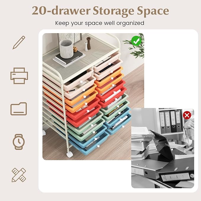LDAILY 20-Drawer Rolling Storage Cart, Rolling Storage Cart, Storage Organizer on Wheels, Metal Frame, Scrapbook Paper Tools, Suitable for Office School, Classroom (Macaron, 20 Drawer)