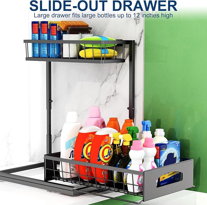 Under Sink Organizer, 2 Pack Height-Adjustable Cabinet Organizer with Slide-Out Bottom Drawer, Fits Around Pipes, Heavy-Duty Metal Storage for Kitchen and Bathroom, Black (Black, 2 Pack)