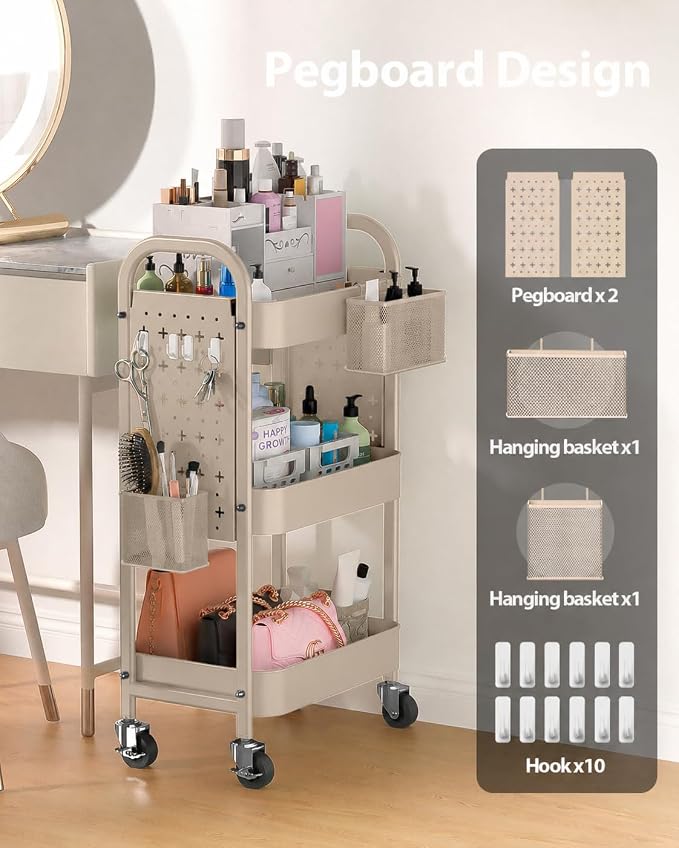 ALVOROG 3 Tier Metal Rolling Utility Cart with Pegboards,Baskets,Hook,Khaki | More Storage Craft Cart with Pegboards,Lockable Wheels,Hooks & Baskets to Organize Kitchen,Office,Bedroom and DIY Supplies