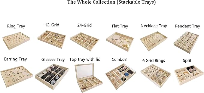 Large Light Beige Premium Quality Velvet Jewelry Display Box Tray Stackable Practical Trade Show Home Store Drawer Divder Closet Organization