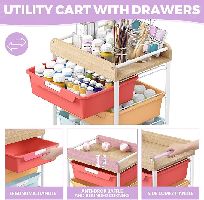 SYKIARIOL Utility Cart with 5 Labeling Drawers and Wooden Tabletop – Rolling Storage Cart for Crafters, Artists, Kids, Teachers, and Students – Organize Arts, Crafts, Sewing & Study Supplies