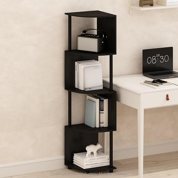 Furinno Basic Book Shelf, 4-Tier Bookshelf, Bookcase with Zigzag Corner Shelf, 14.2 x 14.2 x 57.7, for Living Room, Bedroom, Home Office, Espresso/Black