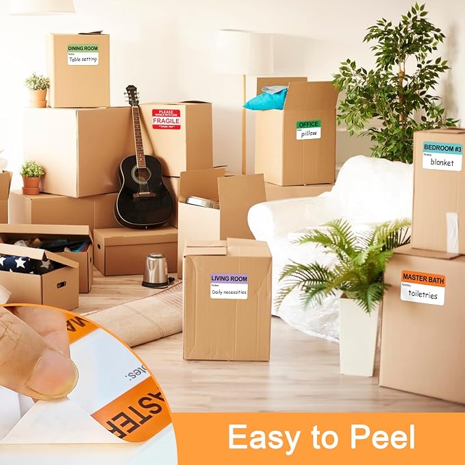 600 Writable Stickers 2” x 3” Each,20 Designs Pre-Printed Color-Coded Home Moving Packing Box Labels with Fragile, Extra, Heavy Labels