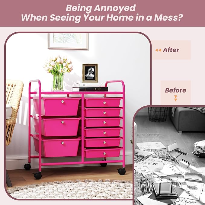 COSTWAY Rolling Storage Cart with 9 Drawer, Utility Cart with Metal Frame | Mobile Art Supply Craft Organizer, Multipurpose Storage Organizer for Paper, Office, School Teacher, Classroom, Hot Pink