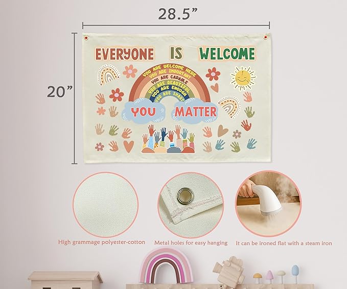 Classroom Wall Flag Decor-Teacher Gift-Inspirational Back to School Wall Banner Decor-Everyone is Welcome-Hanging Rectangular Canvas Banner for Classroom Teacher Office Reading Corner-28.5x20 Inches