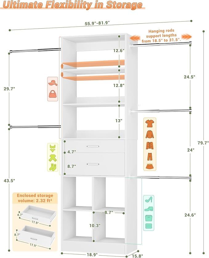 Besiost Small Closet System, 3.2-6.8FT Small Closet Organizer with 2 Wooden Drawers & 5 Hanging Rods, Can Fit 37.5 to 81.9 inch Walk-in Closet System, Built-in, White, Enclosed Storage Volume 2.32 ft³