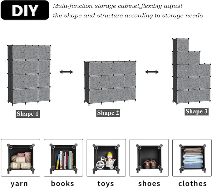 AWTATOS 12 Cube Storage Organizer, Closet Storage Shelves with Doors, Black | Portable Closet Organizers, DIY Stackable Storage Cube Shelf, Plastic Clothes Organizer Shelving for Bedroom, Home Office
