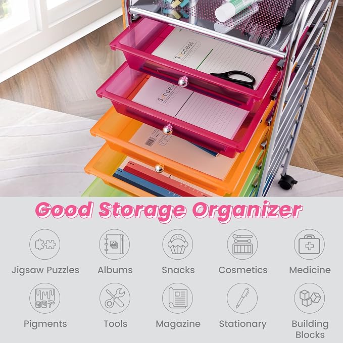 DREAMADE Rolling Cart with Storage Drawers, Utility Cart with Removable Plastic Drawers, Lockable Wheels, Art Cart for Classroom Organization Art Supplies Office Scrapbook (10 Drawers, Rainbow)