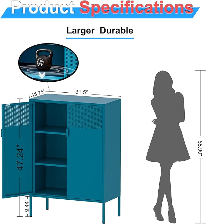 Washsemba 2 Mesh Door Metal Cabinet with Adjustable Shelves, Multipurpose Peacock Blue Storage Cabinet, 3-Tier,Metal Storage Cabinet for Office Home,Hallway(Peacock Blue, 47''H)