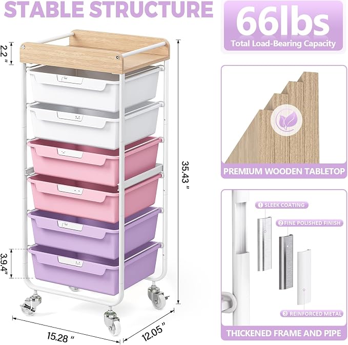 SYKIARIOL Utility Cart with 6 Labeling Drawers and Wooden Tabletop – Rolling Storage Cart for Crafters, Artists, Kids, Teachers, and Students – Organize Arts, Crafts, Sewing & Study Supplies