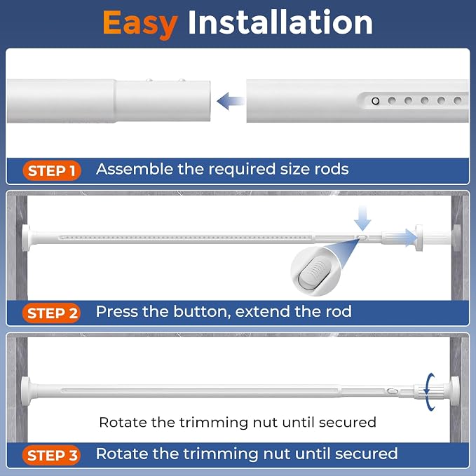 ALLZONE Adjustable Tension Curtain Rod, 40-121 inches, Heavy Duty Curtain Rods No Drilling, Anti-Slip Tension Rod for Window, Shower, Outdoor & Patio, Easy to Install, 1.26In Diameter, White